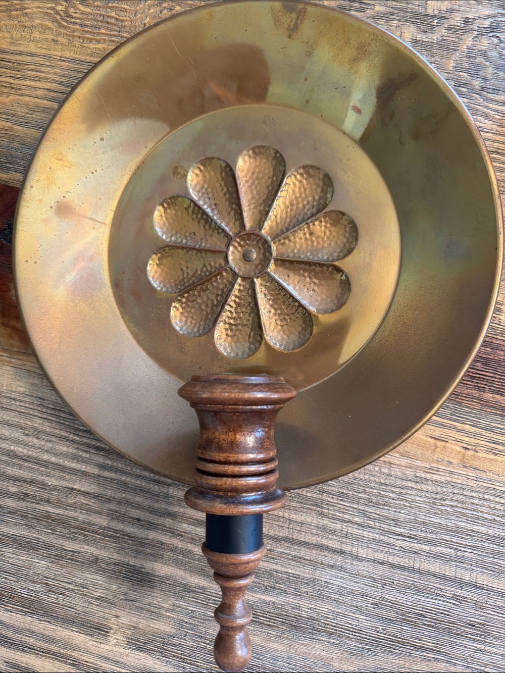 Decorative Wall sconce with Floral Medallion and Wood Peg candleholder copper to